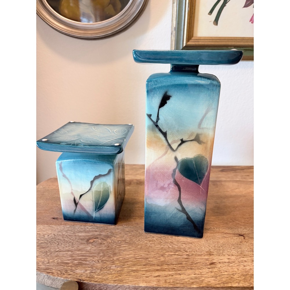 Artisan Hand Painted Ceramic Pillar Candle Holder Set Teal Asian Botanical 2pc‎